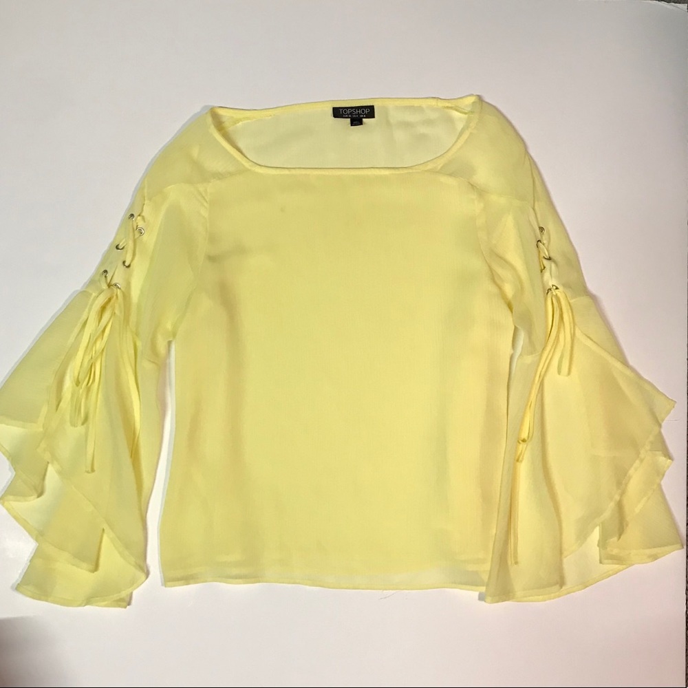 Topshop Yellow Semi-sheer Flutter Bell Sleeve Top